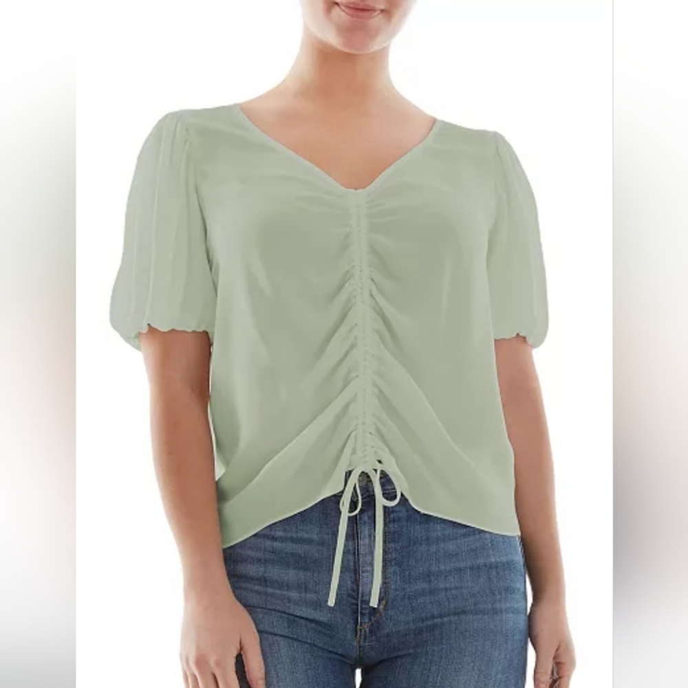 * NWT Bcx Sheer Ruched Front Bubble Sleeve Blouse
